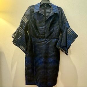 Badgley Mischka 3/4 Ruffle Sleeve Midi Evening Navy/Royal Blue Dress w/Slip 8 M